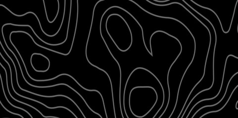 The grey white on black contours vector topography stylized height of the lines. The concept of a conditional geography scheme and the terrain path. Ultra wide. Map vector terrain Illustration.  
