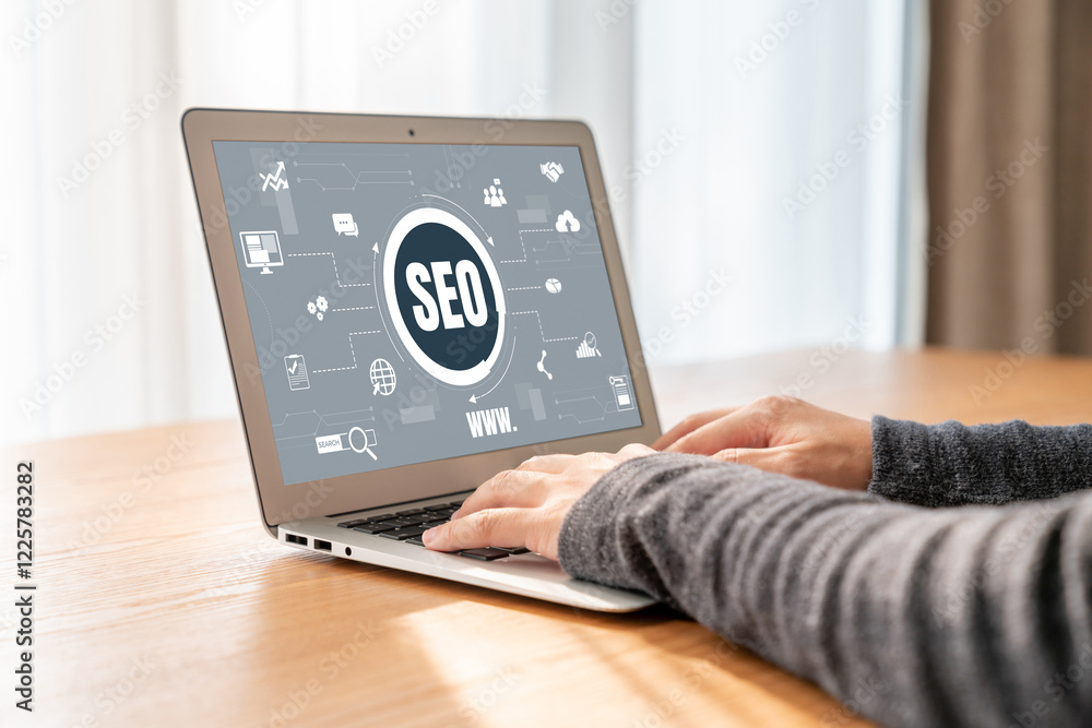 Poster seo search engine optimization for modish e-commerce and online retail business showing on computer 