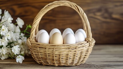 Easter basket with easter eggs on wooden background