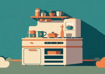 Vintage retro-style kitchen with stove and appliances in pastel colors