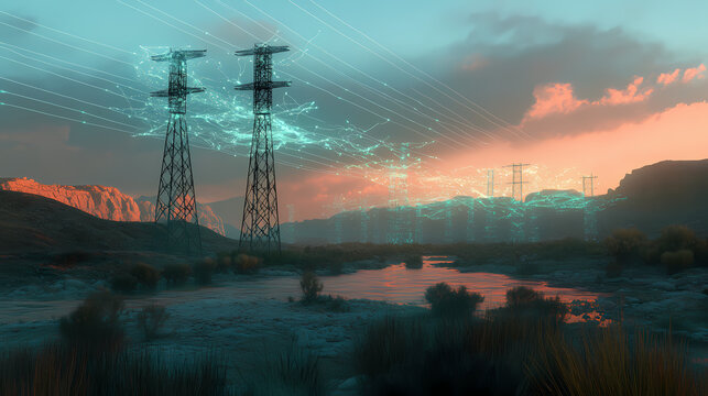 Valley of the gods: a picturesque landscape dominated by an electric web. Electric Valley. Illustration