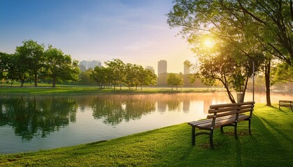 Fototapeta premium 호수 옆 벤치와 잔디밭이 조화를 이루는 도시 공원 풍경