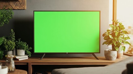 Chroma key green screen tv television screen in living room home setting