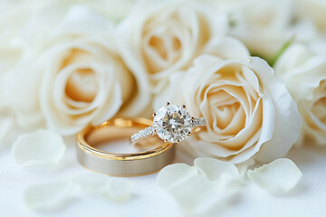 Close-up of wedding rings on background of white roses	