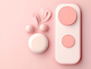 Pastel Pink 3D Render Abstract Background with Geometric Shapes and Leaves