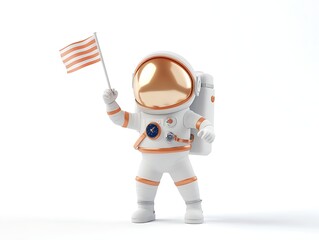 Naklejka premium 3D rendering of smiling astronaut waving holding small flag
