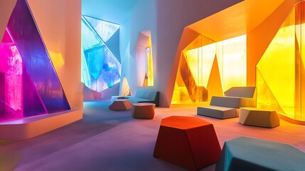A tech-inspired lounge with radiant walls and innovative geometric furniture