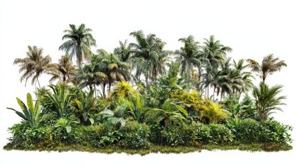 Fototapeta premium Lush Tropical Jungle Scene with Diverse Plant Life and Palm Trees Under Bright Sunlight