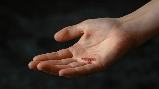 Human hand with burn injury showing wound on palm against dark background in close up. Concept of physical trauma, injury awareness and first aid importance