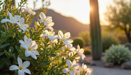 Garden scene with blooming white lilies, serene mood, framed by cacti and mountains at sunset, copy space