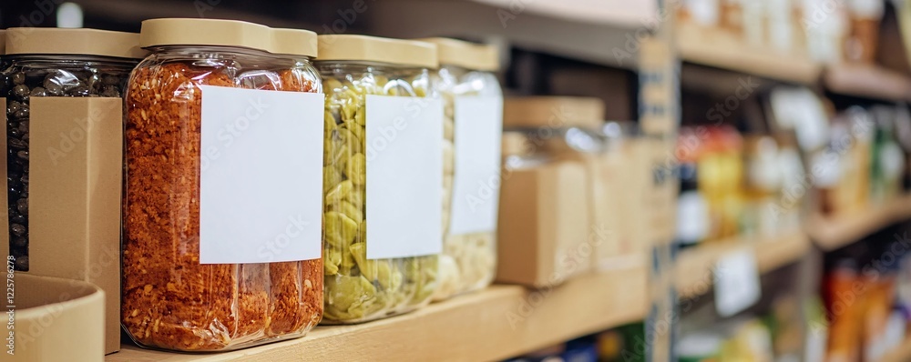Poster Glass jars with blank labels containing food sitting on shelf display in store