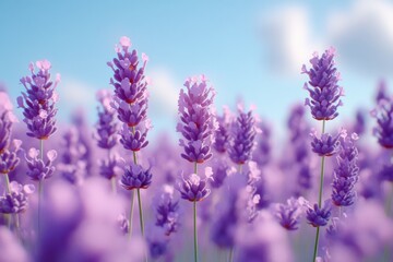 Serene Lavender Grove Beneath Azure Sky in the Countryside, Picturesque Summer Field of Lavender Blossoms with Clear Blue Sky, Tranquil Lavender Field Landscape in Bright Sunlight