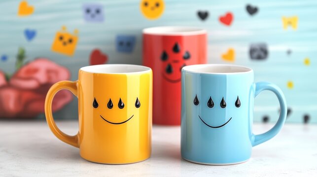 Two mugs with happy and sad emotions on the background Concept Coffee Mugs with sadness and kindness happy face Happy and sadness smiles mood