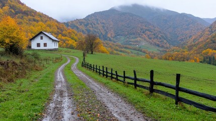 Autumnal mountain house, winding road, valley view. Peaceful countryside scene, ideal for travel brochures