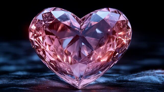 Sparkling pink crystal heart shaped gem with faceted cut reflecting light against dark background. Concept of luxury love, romance and valentine day elegance