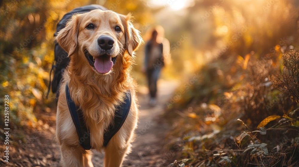 Poster a friendly golden retriever strolls along a peaceful path surrounded by warm autumn colors, with a p