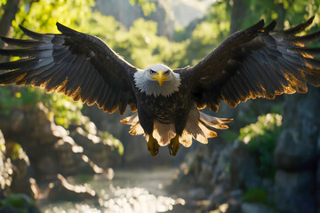 Fototapeta premium bald eagle in flight on green outdoor background