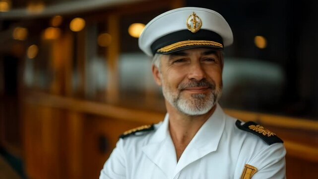 Man sea captain in white naval uniform with cap confidently smiling, standing on cruise ship deck, with copy space. Concept of maritime leadership, cruise industry and world maritime day