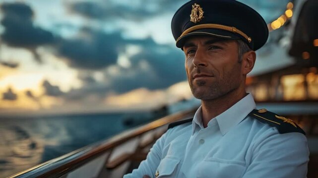 Professional ship man captain in white uniform and navy cap standing on luxury yacht deck at sunset. Ocean and dramatic sky background with copy space. Maritime leadership and luxury cruise industry