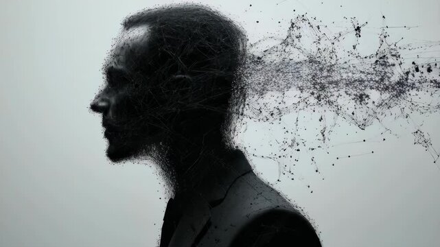 Side profile silhouette of man with dispersing particles effect, abstract disintegration against light background. Black and dissolution effect. Mental health, depression, anxiety and inner struggle