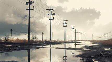 A row of electric poles reflected in a puddle on a rainy day, with moody skies and soft reflections adding a sense of melancholy. Electric Valley. Illustration