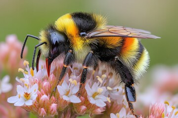 Enchanting Macro Shot of a Bee Pollinating a Vibrant Flower in Close-up Detail, Nature Photography at Its Finest
