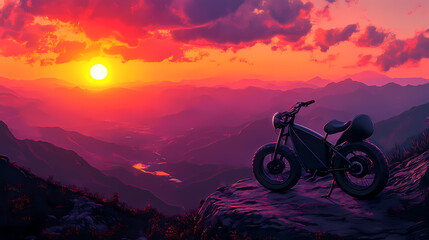 Obraz premium A sleek electric bike rests on a serene mountain path at sunset, overlooking a stunning valley below with vibrant orange and pink hues in the sky. Electric Valley. Illustration