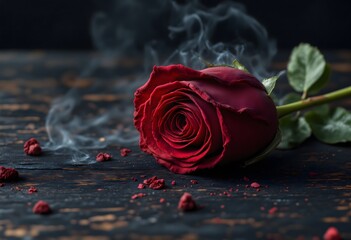 A single red rose lies on a dark wooden surface, surrounded by smoky wisps and scattered petals, embodying symbolic roses and deep emotions.