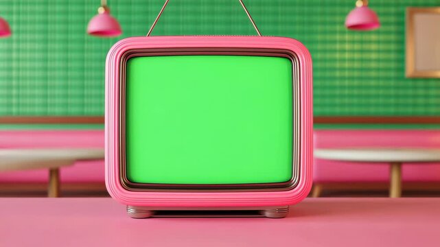 Retro Jukebox with Green Screen in Vintage Diner Setting with Pink Neon Lights and Classic 1950s Design