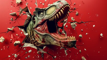 Tyrannosaurus Rex Breaking Through Red Wall: A 3D Render of Prehistoric Power