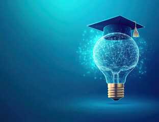 An innovative educational image showcasing a bachelor cap and a light bulb on a blue background. photo
