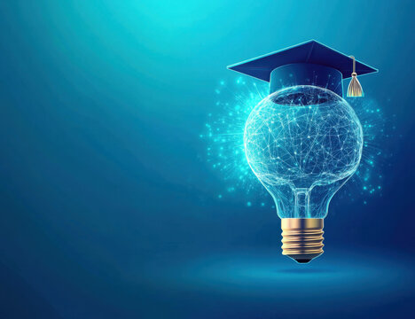 An innovative educational image showcasing a bachelor cap and a light bulb on a blue background. photo
 - Powered by Adobe
