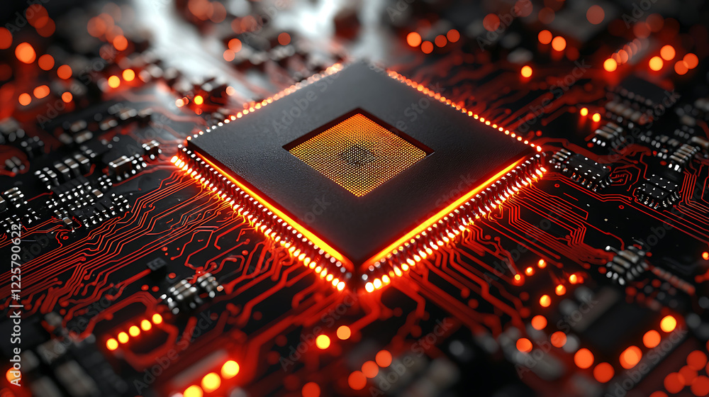 Poster closeup of a glowing microprocessor on a circuit board. hightech digital concept, perfect for techno