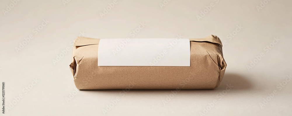 Poster Wrapped in brown paper package lying on table with blank label for your text