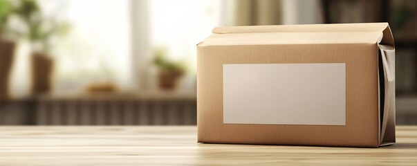 Cardboard parcel with blank label is sitting on a table