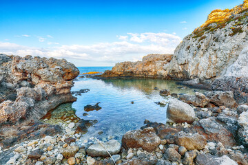 Amazing spring view on the the cape Milazzo panorama of nature reserve Piscina di Venere.