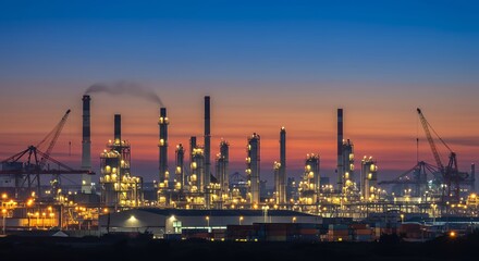 Naklejka premium Nighttime Refinery Panorama Industrial Sunset Landscape