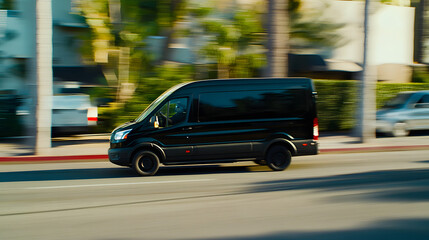 Delivery van driving away on a quiet urban street, with a blurred background capturing the motion and peaceful atmosphere of the city, showcasing the van in action as it departs.
