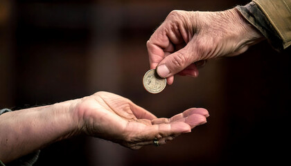 Close-up shot of two elderly hands exchanging a coin.  A poignant image representing generosity, charity, or financial aid.