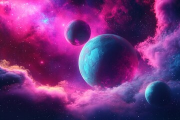 Obraz premium Ethereal planets surrounded by vibrant pink and purple nebulae, set against a starry cosmic background, radiating mystery and beauty
