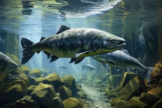 Underwater Close-Up of Smolt Chinook Salmon in a River during Spring Migration
