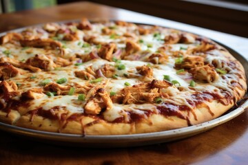Up High Homemade Barbecue Chicken Pizza on Baked Crust with Melted Cheese - A Tasty Slice of Bar-B-Q Heaven!