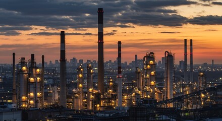 Fototapeta premium Illuminated Refinery at Sunset Industrial Landscape Photo