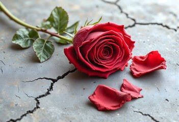 A vibrant red rose with delicate petals rests on cracked concrete, symbolizing beauty and resilience amidst decay. Symbolic roses.