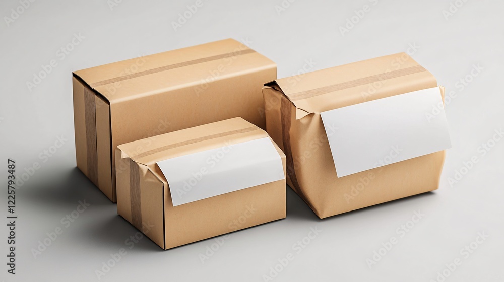 Poster three cardboard boxes with blank shipping labels standing on grey background