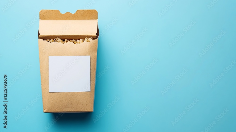 Poster wok food container with blank label on blue background with copy space