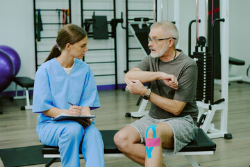 Man sitting near rehab specialist and complaining of terrible ache in elbow joint, he pointing at...