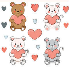 animal, bear, cartoon, vector, illustration, teddy, baby, set, love, dog, toy, cute, animals, heart, icon, art, panda, collection, valentine, fun, brown, bears, pet, mammal, kid