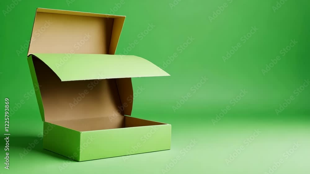 Poster open green box with integrated packaging design on a green screen background for modern product disp
