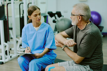 Obraz premium Medium close up of young adult doctor asking about ache in elbow joint and writing down patient complaints